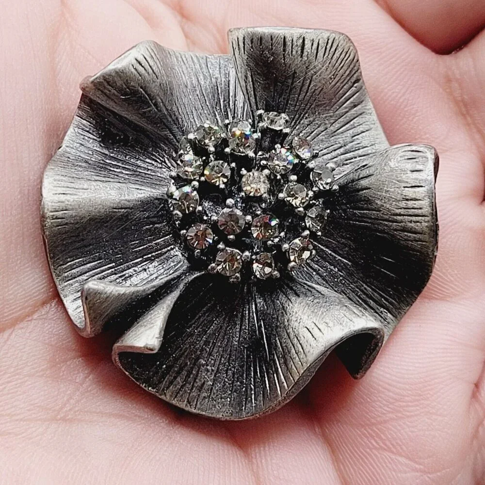 Premier Designs Camille Brooch Pendant Ruffled Ribbon Rhinestones Pewter Look